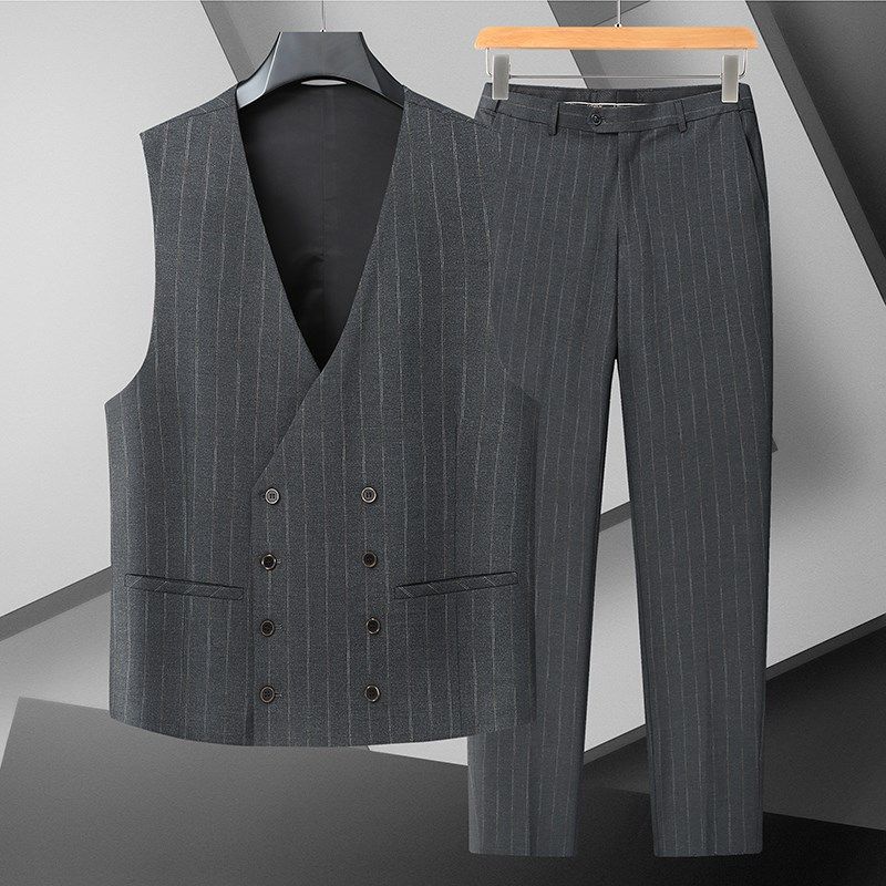 280斤可穿商务大码男装宽松条纹西服马甲西裤三件套休闲西装外套