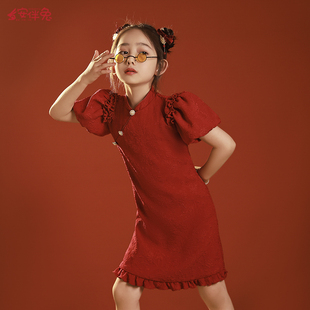 女童晚礼服中式旗袍红色连衣裙花童婚礼小女孩儿童高级感演出国风