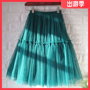 高端短款百褶纱裙蓬蓬垂感a字裙显瘦遮胯大摆蛋糕网纱半身裙女夏