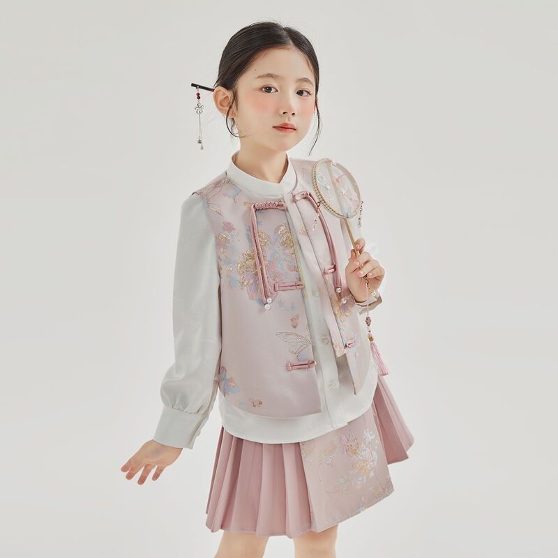 女童套装2024春秋国潮新款亲子装新中式织金马面裙马甲衬衫三件套