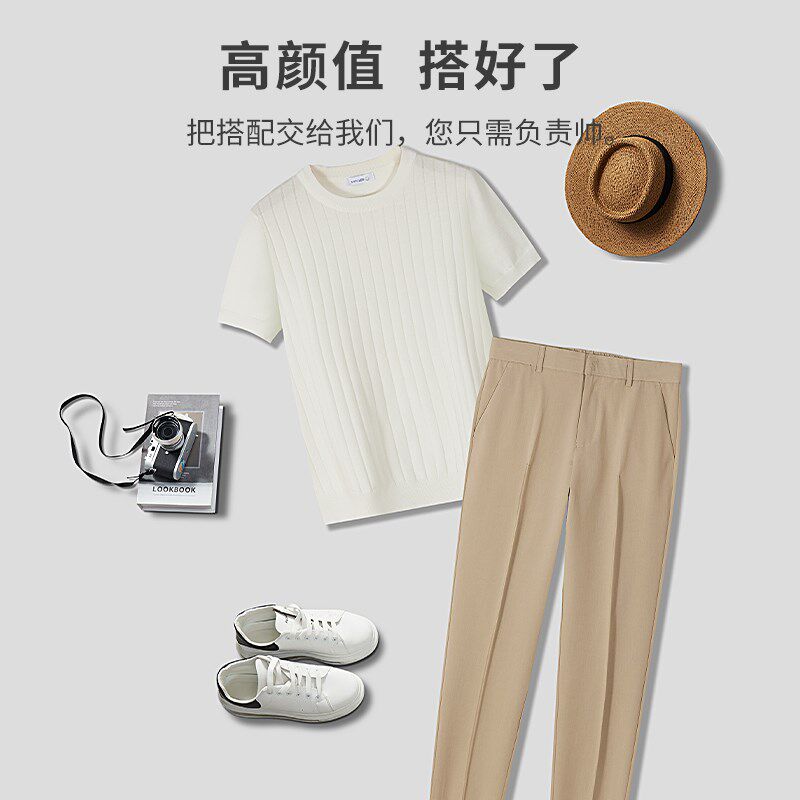 男士t恤短袖夏季新款休闲套装男白色上衣西裤垂坠感高级感两件套