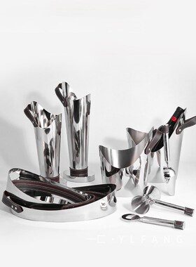 现代不锈钢金属皮革红酒冰桶托盘碗托厨房餐厅样板间桌面装饰摆件