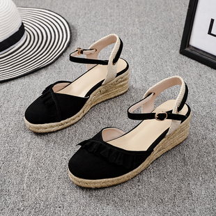 百搭一字扣带女鞋 欧货2021夏季 女坡跟真皮草编高跟鞋 包头凉鞋 新款