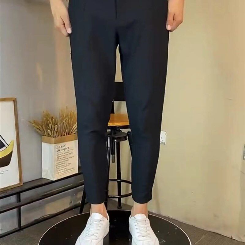 秋季新款休闲裤男韩版修身小脚裤弹力百搭西裤简约黑色百搭九分裤