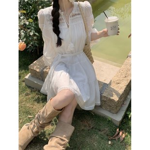 连衣裙女温柔风气质白色裙子 镂空蕾丝拼接爆款 春秋2024年新款 法式