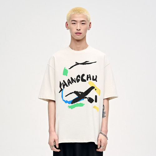 山小川潮牌字母涂鸦印花t恤个性百搭短袖男宽松潮流纯棉落肩袖