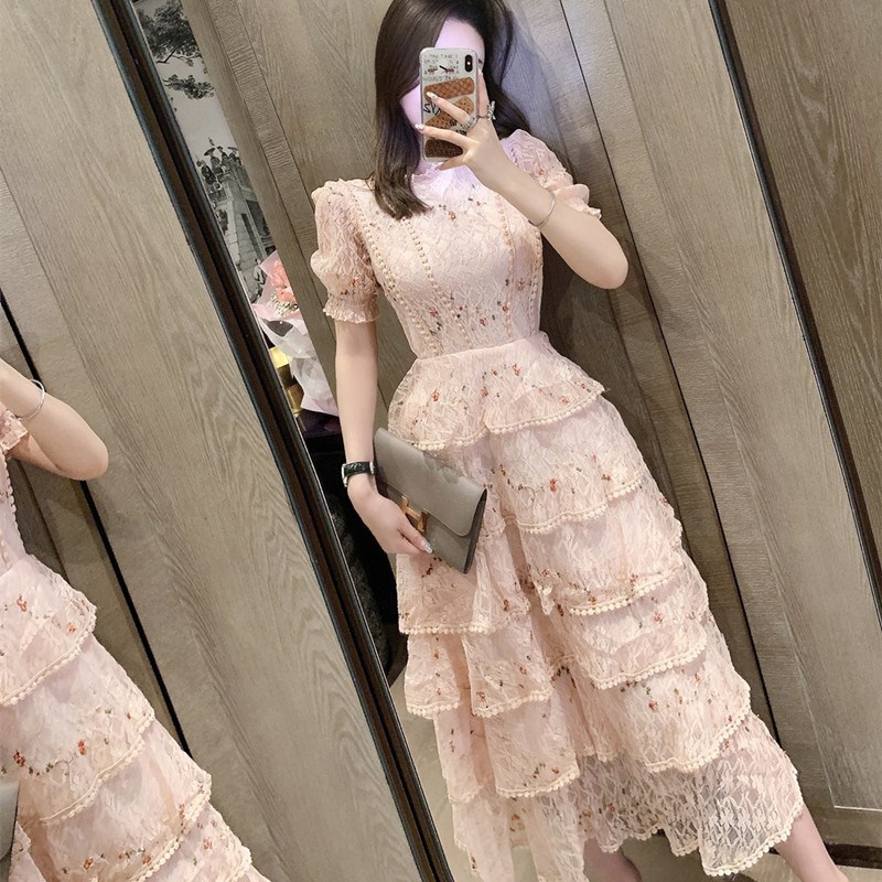 法式小众刺绣碎花m蕾丝连衣裙甜美淑女显瘦蛋糕长裙公主气质晚礼