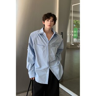 宽松美式 秋装 男时尚 衬衫 衬衣双层领结构皱褶垫肩 设计感浅蓝色长袖