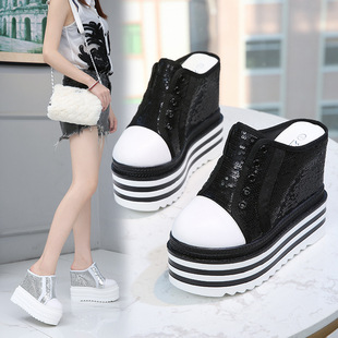 13CM超高跟坡跟凉鞋 亮片百搭外穿女 松糕厚底包头半拖防水台P时尚