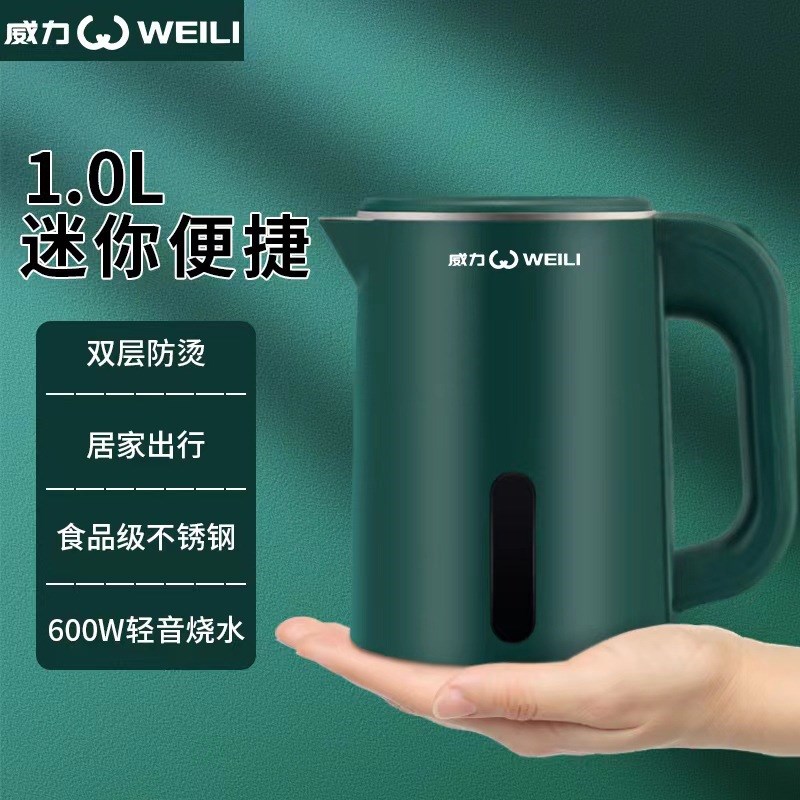 电热水壶1L双层304防烫低功率轻音迷你小型便携烧水壶600W开水壶