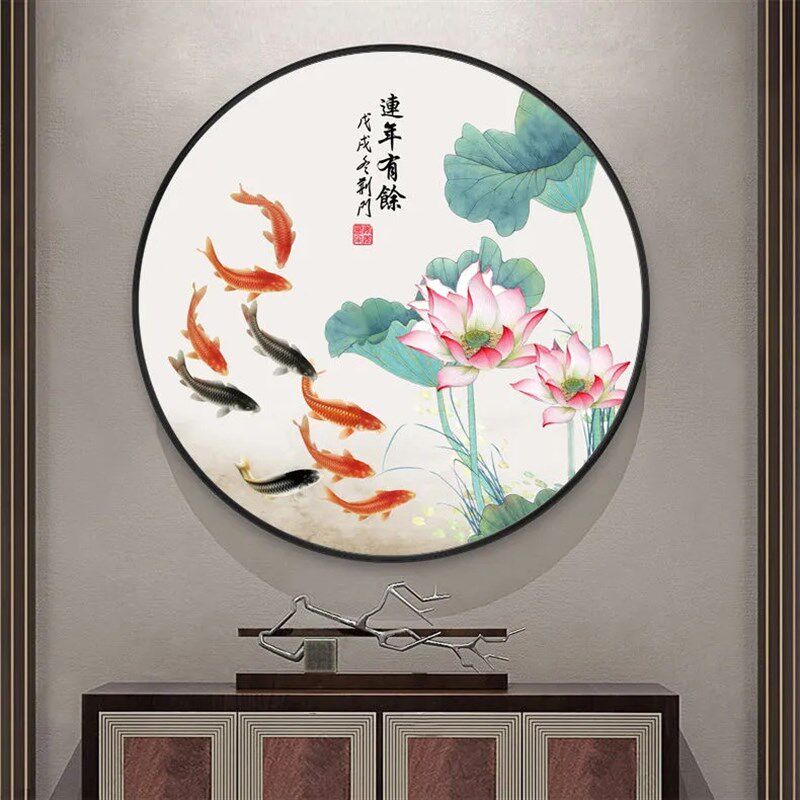 九鱼图荷装饰画客厅圆形挂画书房茶室新入户玄关壁画荷韵图