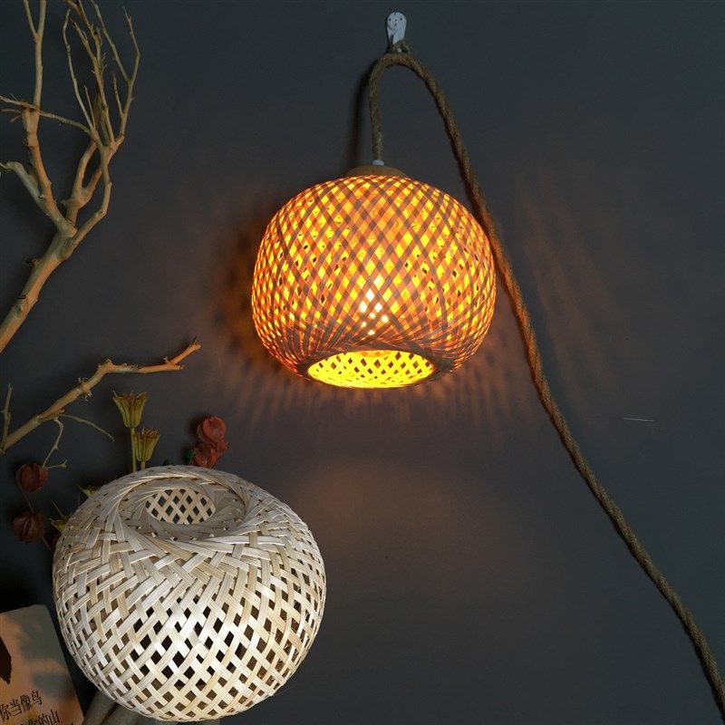 插电式竹编吊灯崖柏根雕树枝挂灯中式复古创民宿竹艺灯笼灯罩带线