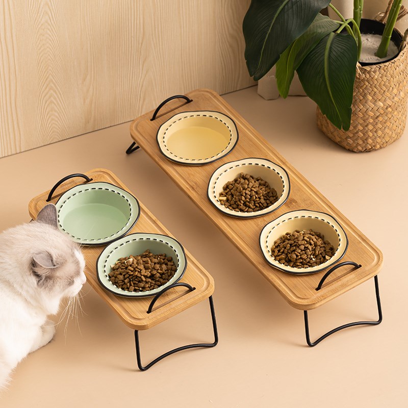 斜口猫碗陶瓷碗猫用木架猫咪专用碗狗粮碗狗盆小型犬幼猫狗狗水碗