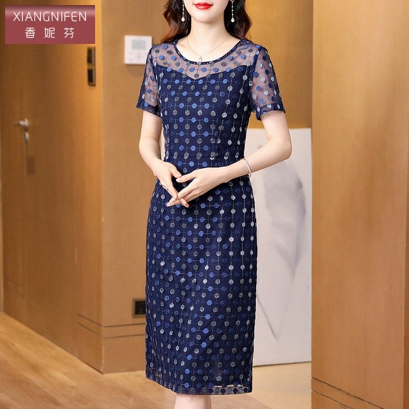 香妮芬波点网纱气质中年妈妈连衣裙女2025新款夏季高级感收腰裙子