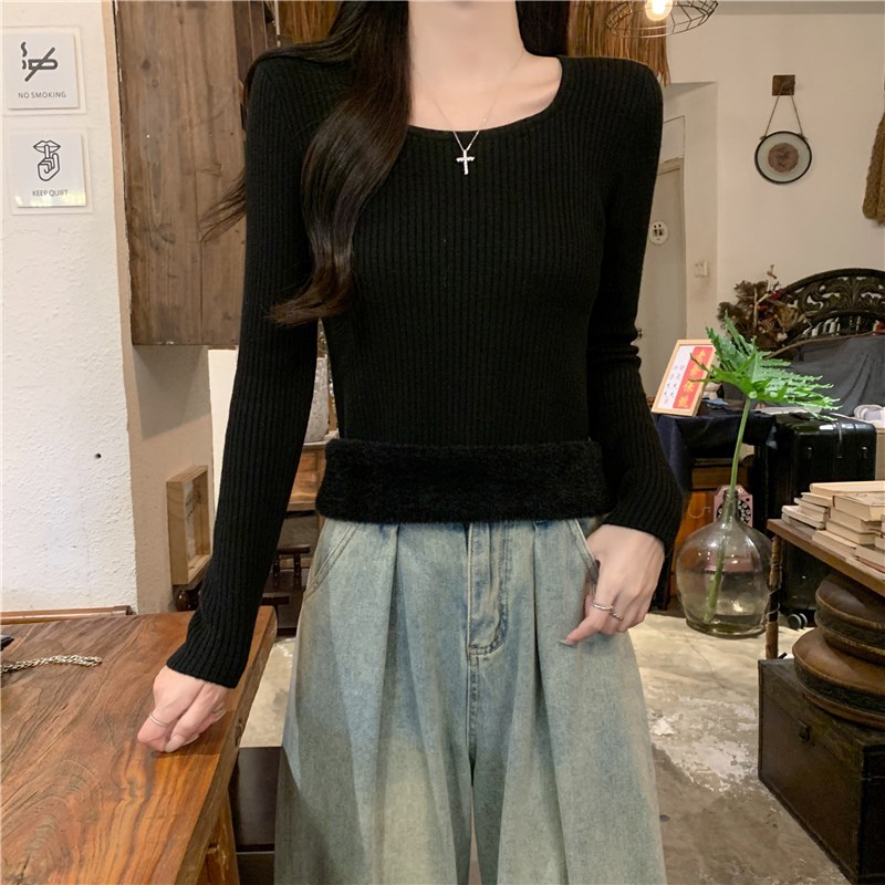 加厚一体绒保暖毛衣女秋冬季内搭方领修身显瘦长袖打底针织衫上衣