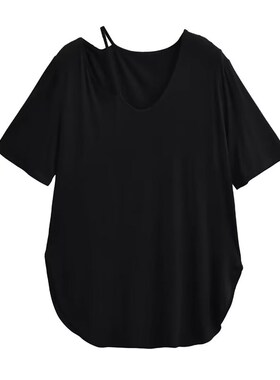 MICN随性酷一下V领显瘦露肩短袖T恤女夏季宽松显瘦开叉设计感上衣