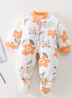 新生儿包脚棉衣婴儿春秋中厚衣服满月宝宝外出穿连脚长袖开档带鞋