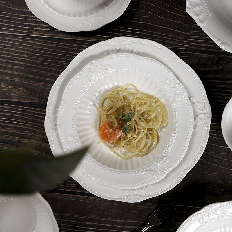 法式碗碟套装创意浮雕陶瓷餐具碗盘筷十人食乔迁新居新年家用盘子