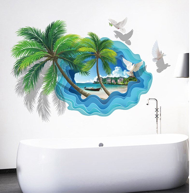 创意3D特效椰子树海边沙滩风景墙贴画海鸥贴纸墙面装饰自粘贴壁纸图片