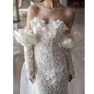 一字肩旅拍高档蕾丝轻婚纱2023新款新娘婚礼迎宾小个子简约出门纱