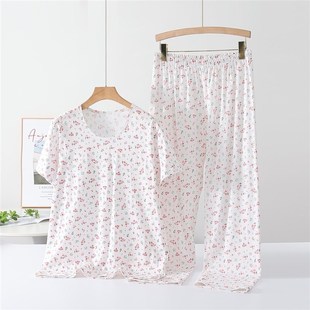 套装 中老年纯棉套头睡衣短袖 睡裤 纯棉九分裤 女圆领夏背心妈妈夏季