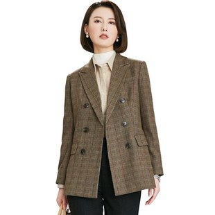 浅咖色格子西装外套女春秋羊毛西服英伦风复古职业气质高端上衣