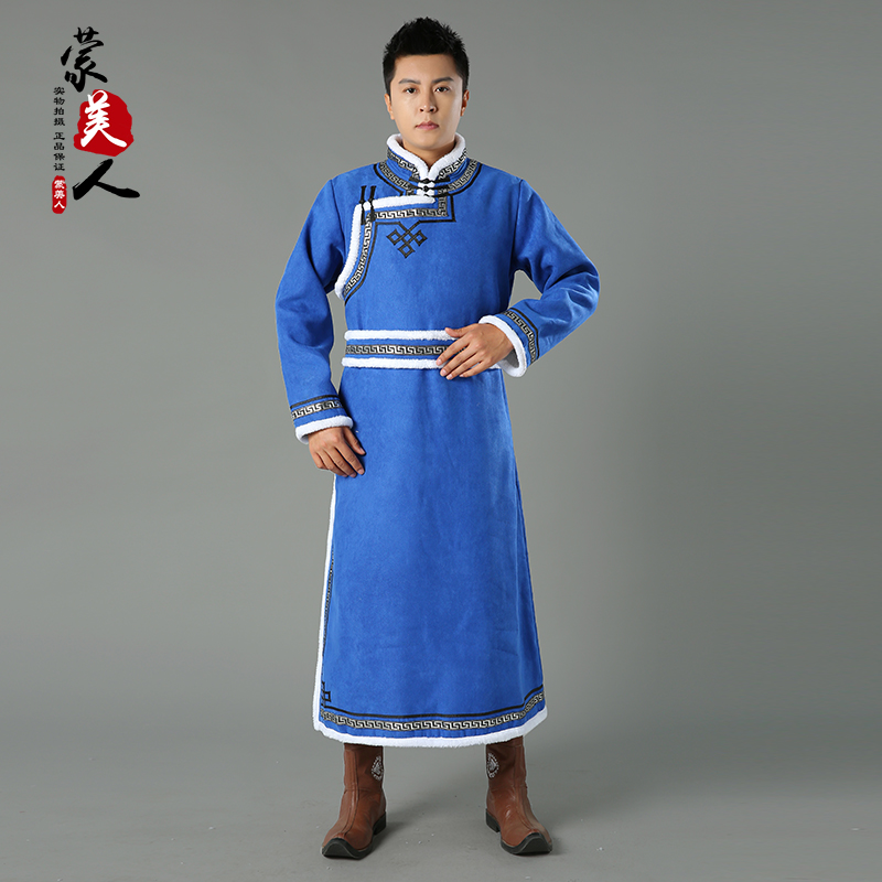 传统男士蒙古袍秋冬鹿皮绒加厚保暖蒙古服装长袍蒙族日常生活装