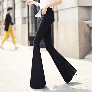 2025欧美新款春季中腰纯黑色大鱼尾大喇叭牛仔裤显瘦高个子长裤女