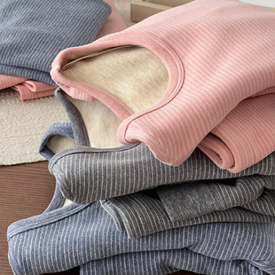 男女童磨毛圆领内衣套装中大童条纹秋衣护膝卫生裤保暖棉裤德绒加