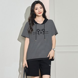 条纹上衣胖妹妹宽松显瘦连帽T恤衫 大码 洋气时尚 200斤胖mm夏装 女装