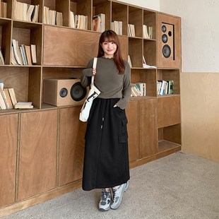 大码女装高腰工装卫衣半身裙秋冬200斤胖mm休闲松紧腰裙子32145。