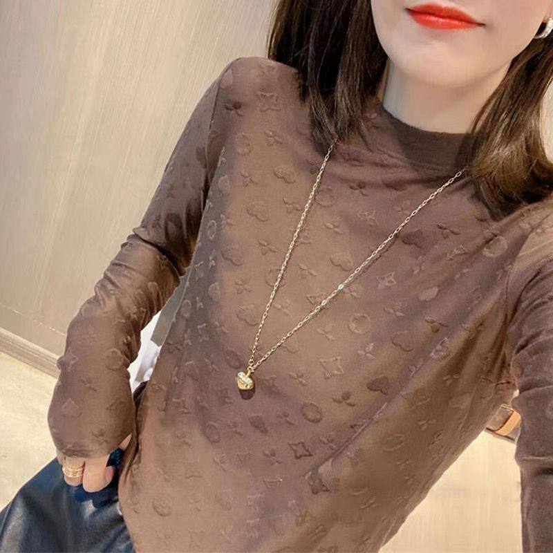 半高领德绒打底衫女内搭秋冬季新款洋气提花加绒保暖长袖T恤上衣