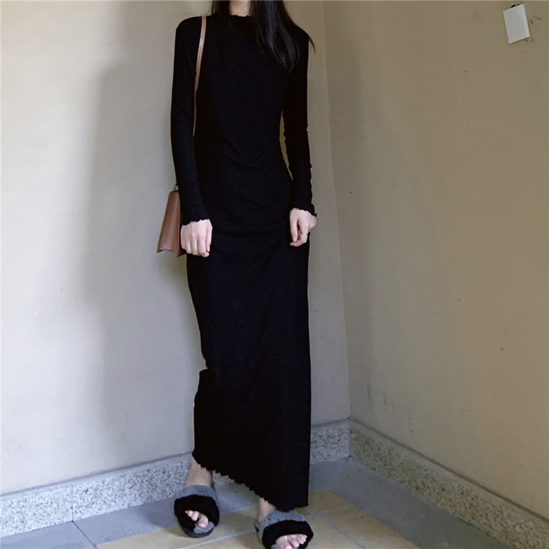 内搭小高领打底裙到脚踝 过膝超长款连衣裙 长袖包臀紧身薄针织裙