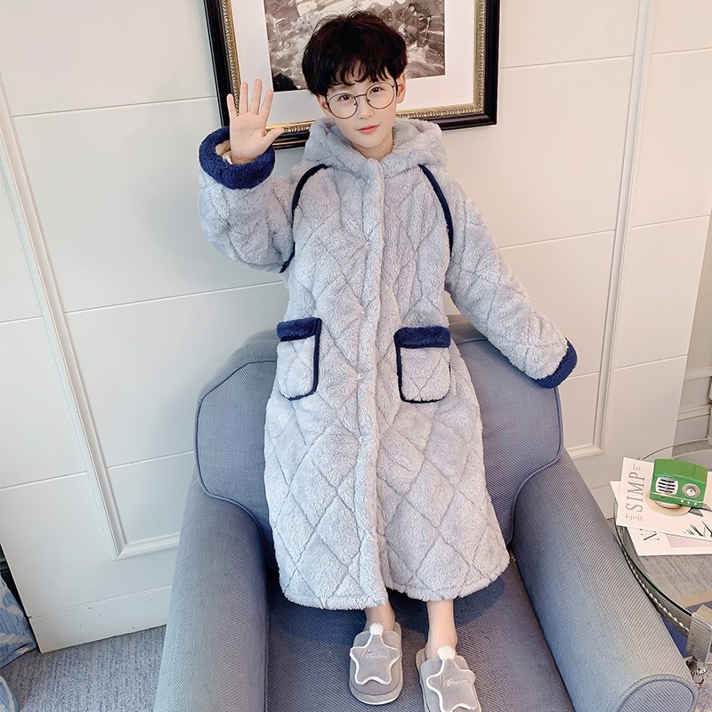 男童睡袍儿童睡衣冬季珊瑚绒加厚款三层夹棉秋冬天男孩法兰绒浴袍