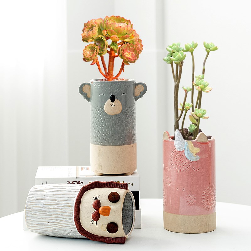 创意卡通多肉老桩高盆室内肉肉法师绿植可爱动物盆桌面插花瓶摆件