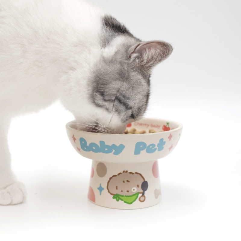 年糕童趣碗猫碗狗碗陶瓷平口碗高脚碗瓷哑光釉面防水通用猫食盆