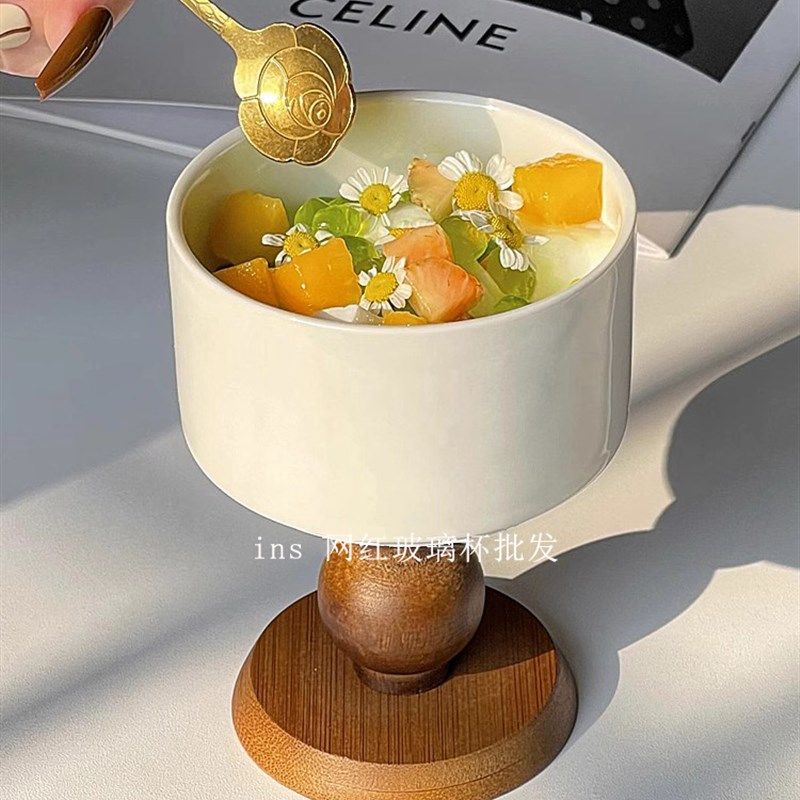 高颜值复古风法式优雅木质高脚陶瓷冰淇淋杯酸奶甜品布丁杯香薰杯,餐饮具,马克杯,淘宝优惠券,粉丝福利购,淘宝优惠卷
