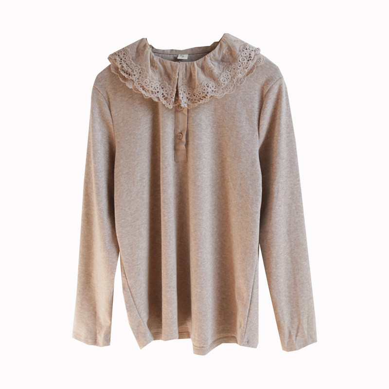 新款 森女系双层花边领半扣套头柔软全棉弹力长袖T恤打底衫女3960
