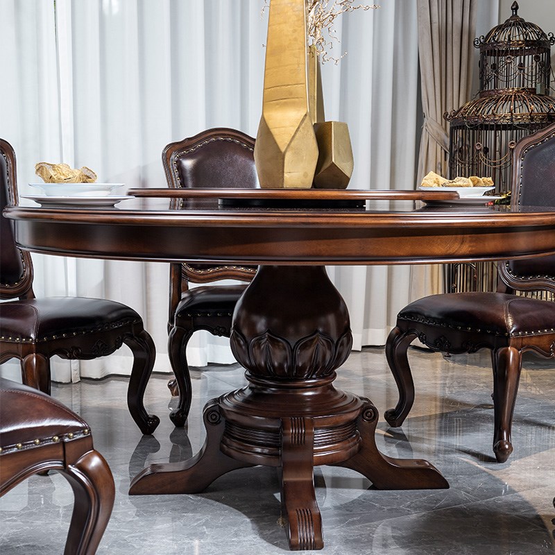 美式乡村实木餐桌椅组合家用欧式大餐桌圆形转盘胡桃木吃饭桌子