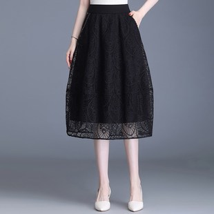 2025秋季新款a字裙中长款显瘦洋气花苞裙松紧腰黑色蕾丝半身裙女