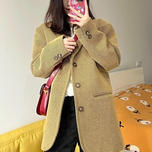 毛呢外套女冬季新款黄色斜纹西装小个子宽松时尚羊毛呢子大衣短款