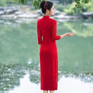 红色长旗袍外嫁女金花回娘家活动款中袖复古走秀宴会礼仪演出婚宴