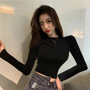 黑色短款半高领打底衫女长袖T恤秋冬内搭紧身棉露脐上衣加绒加厚