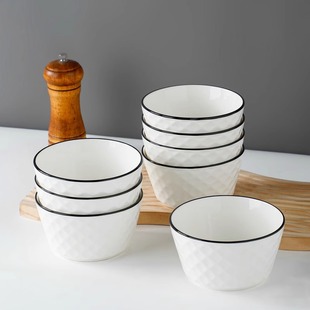 米饭碗家用10个装黑线钻石吃饭碗面碗餐具耐高温拉面碗陶瓷汤面碗