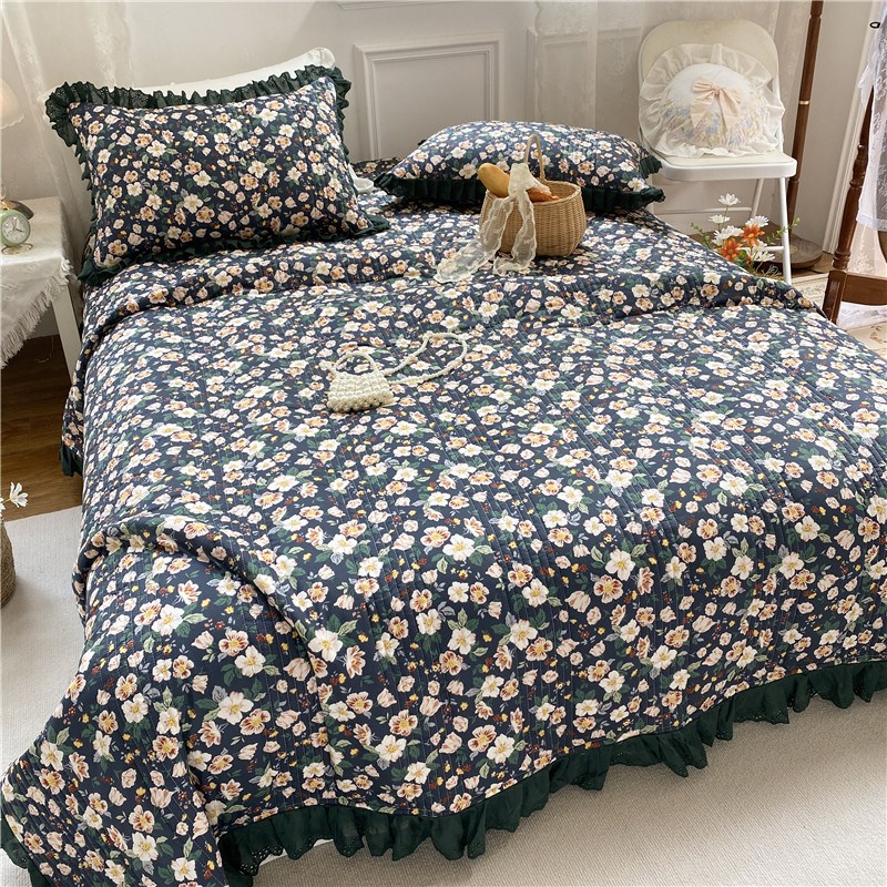 法式复古花卉床盖三件套纯棉绗缝夹棉四件套全棉加厚清新床上用品