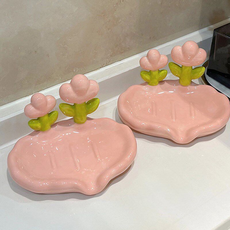 创意花朵肥皂盒家用高档多功能陶瓷香皂盒沥水浴室可爱高级感皂碟