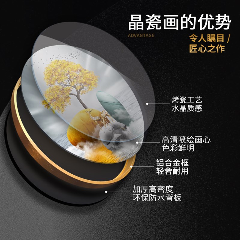 带灯led灯圆形装饰画入户客厅壁画玄关晶钻晶瓷画发光背景墙轻奢