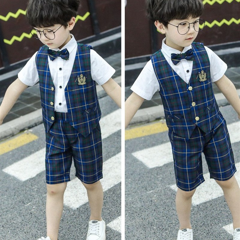 男童2020新款夏季短袖花童礼服中小童英伦风格子马甲西装三件套装