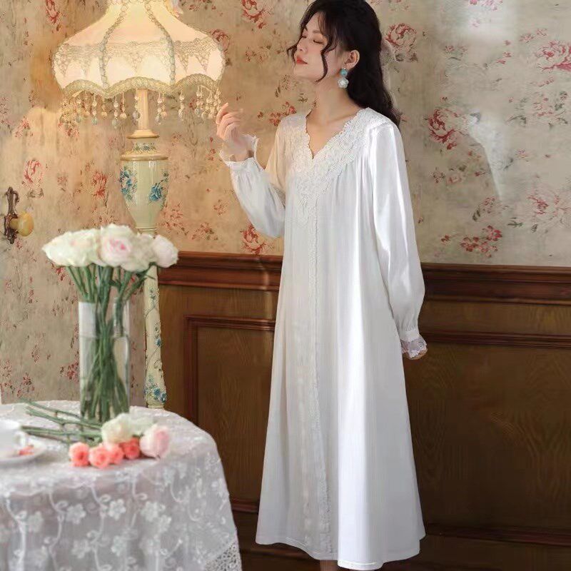 胖mm宫廷睡裙加大宽松中国风纯棉家居春秋长袖长裙白色复古风睡衣