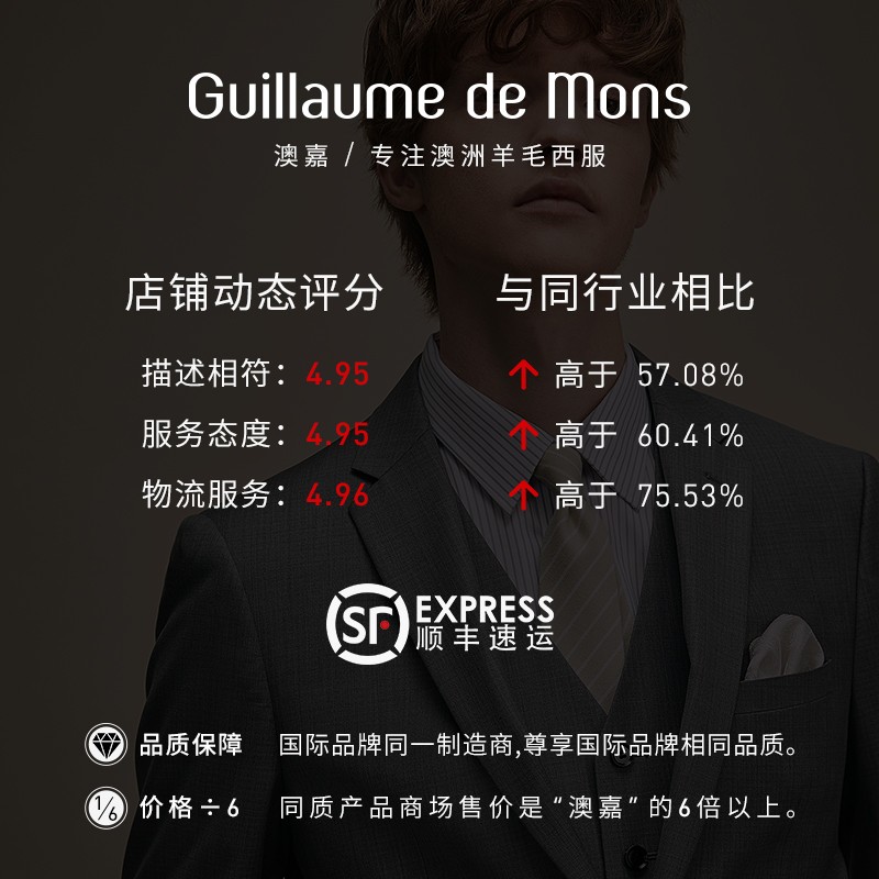【澳嘉】纯羊毛西装男套装蓝色正装男士修身新郎结婚礼服定制西服